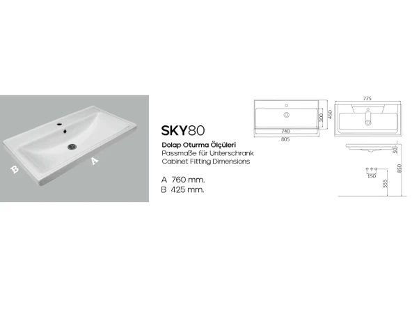 Karen Seramik Sky 80 Cm, Dolap Uyumlu Seramik Lavabo Taşı - 2