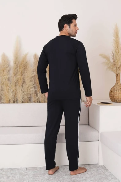 Erkek Siyah V Yaka %100 Pamuk Mevsimlik Uzun Kol Pijama Takımı-Siyah Cepli Eşofman Takımı - 5