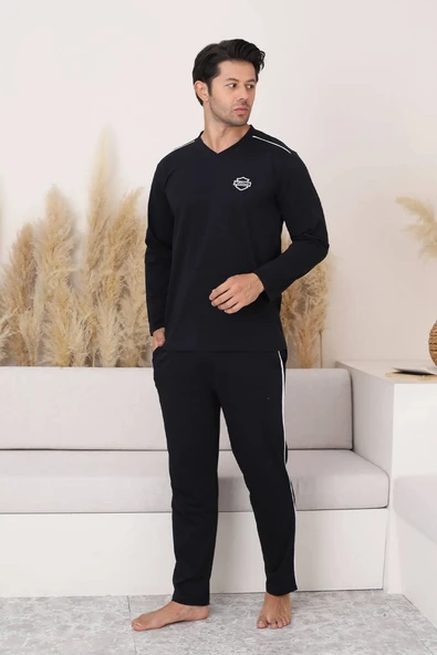 Erkek Siyah V Yaka %100 Pamuk Mevsimlik Uzun Kol Pijama Takımı-Siyah Cepli Eşofman Takımı - 6