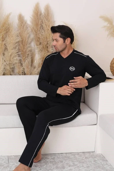 Erkek Siyah V Yaka %100 Pamuk Mevsimlik Uzun Kol Pijama Takımı-Siyah Cepli Eşofman Takımı - 2