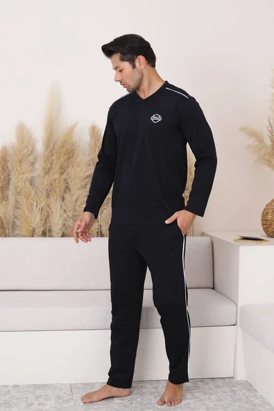 Erkek Siyah V Yaka %100 Pamuk Mevsimlik Uzun Kol Pijama Takımı-Siyah Cepli Eşofman Takımı - 4