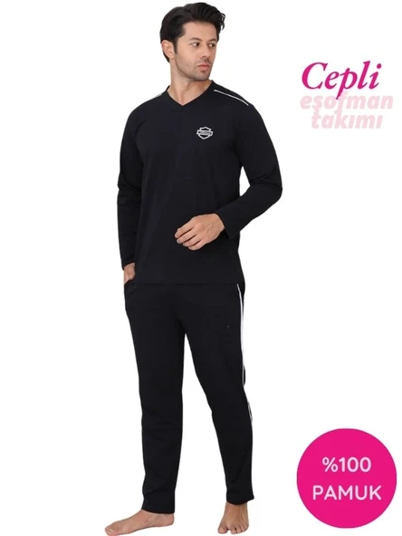 Erkek Siyah V Yaka %100 Pamuk Mevsimlik Uzun Kol Pijama Takımı-Siyah Cepli Eşofman Takımı - 1