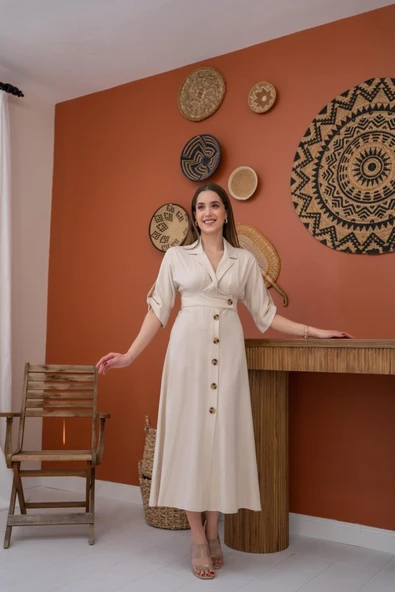 Bej Düğmeli Keten Elbise - Resim 2