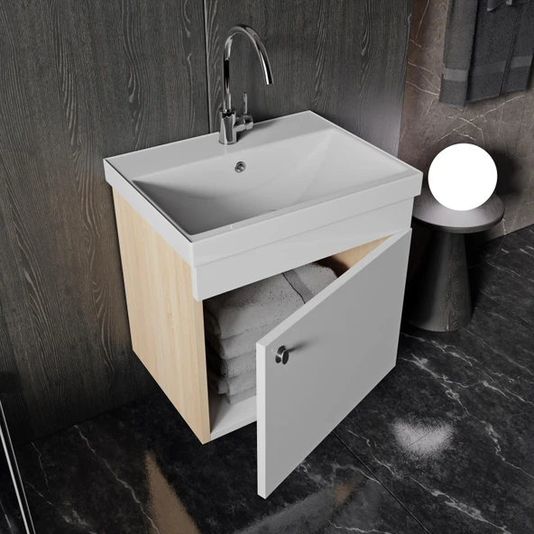 Karen Banyo Milano 50 Cm Lavabolu Banyo Dolabı, Lavabo Dahil, Ayna Dahil, Sonomo Meşe - 2