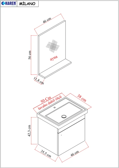 Karen Banyo Milano 50 Cm Lavabolu Banyo Dolabı, Lavabo Dahil, Ayna Dahil, Sonomo Meşe - 4