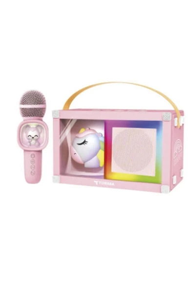 Taşınabilir Rgb Işılı Sevimli Figürlü Mikrofonlu Karaoke Bluetooth Hoparlör Pembe - 1