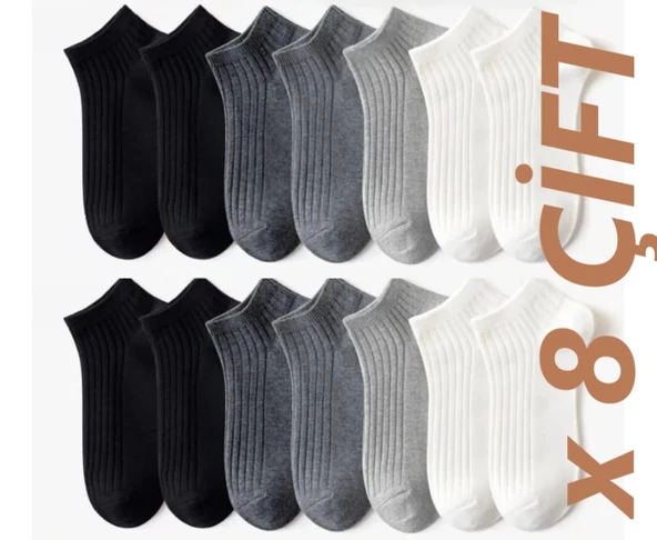 8 Çift beyaz gri siyah Desenli çorap pamuklu ayak bileği düşük kesim genç Çorabı  36-40 ürün görseli 1