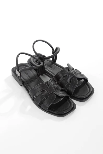 MİA028-3012 Hakiki Deri Kadın Günlük Ortopedik SİYAH Tatil Sandalet - Resim 5