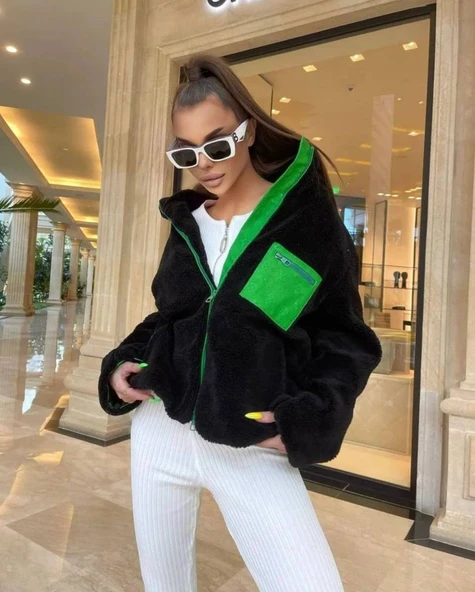 Kadın Uzun Kollu Renkli Cep Ve Fermuar Detay Peluş Mont - Resim 2