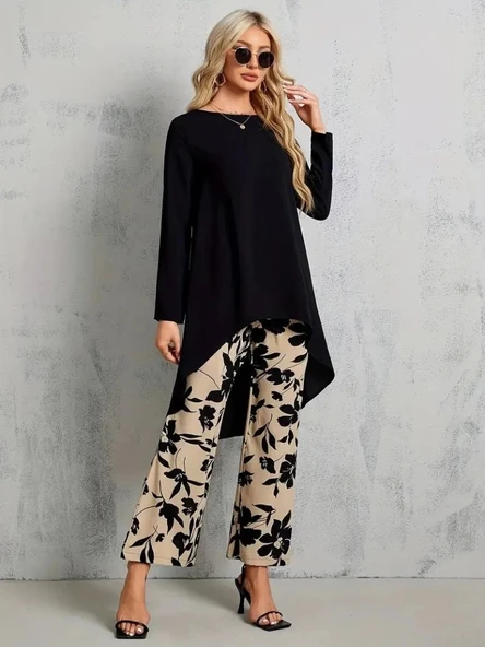 Kadın Uzun Kollu Bisiklet Yaka Asimetrik Kesim Detaylı Viskon Bluz Ve çiçek Desenli Iki Iplik Pantolon - Resim 4