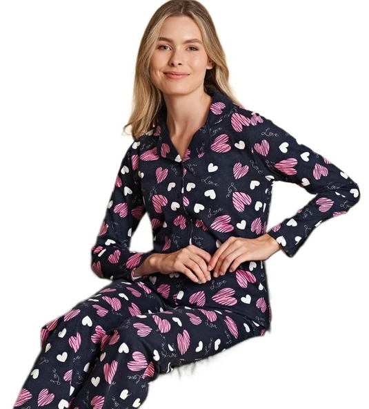 Kadın Önden Düğmeli Uzun Kollu Pijama Takımı S/XL Alessia Verona Rahat Ev Giyim Kışlık Hediyelik ürün görseli