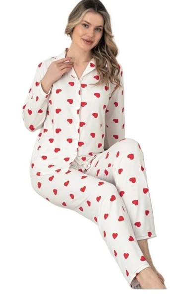 Kadın Uzun Kollu Gömlek Yaka Pijama Takımı  Allegra Rosso Tasarım Rahat Ev Giyim Hediyelik M/2XL ürün görseli