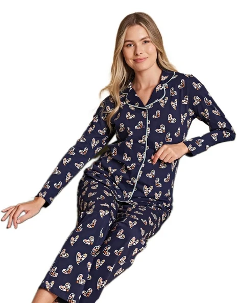 Valeria Milano Tasarım Kadın Önden Düğmeli Uzun Kollu Pijama Takımı Rahat Kışlık Ev Giyim Hediyelik ürün görseli