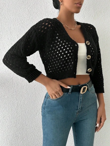 Büyük düğmeli delikli hırka siyah - Resim 2