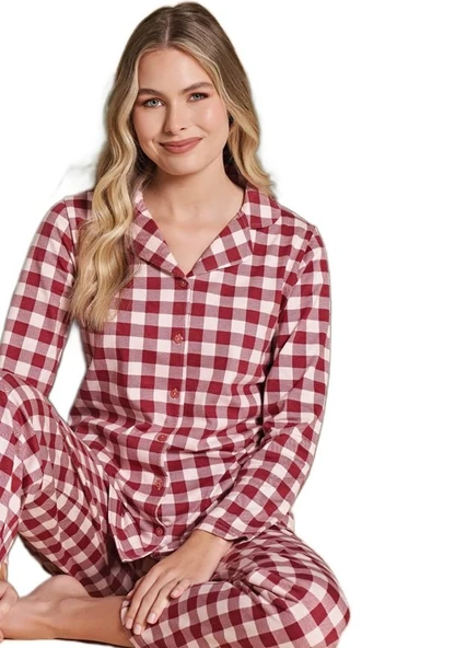 Kadın Önden Düğmeli Uzun Kollu Kışlık Pijama Takımı Elena Moretti Rahat Ev Giyim Hediyelik - Resim 4