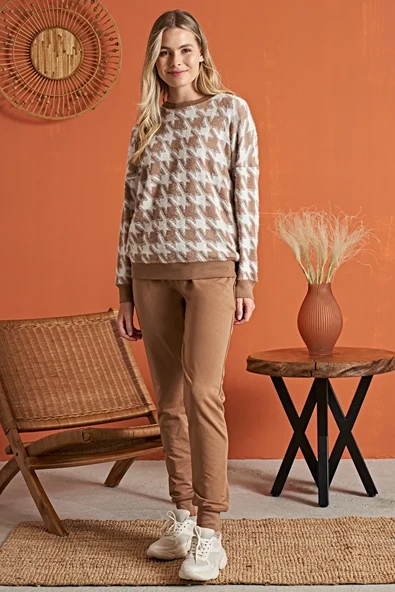 Kahve Krem Pijama Takımı  XL Beden - Resim 2