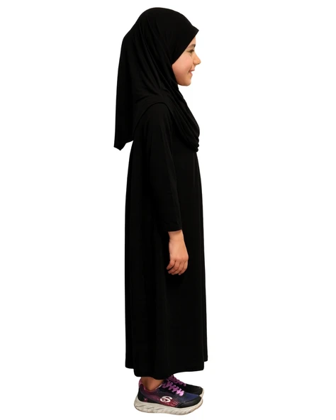 Penye Kendinden Başörtülü Çocuk Namaz Elbisesi Siyah/ 6-7-8 yaş - 2