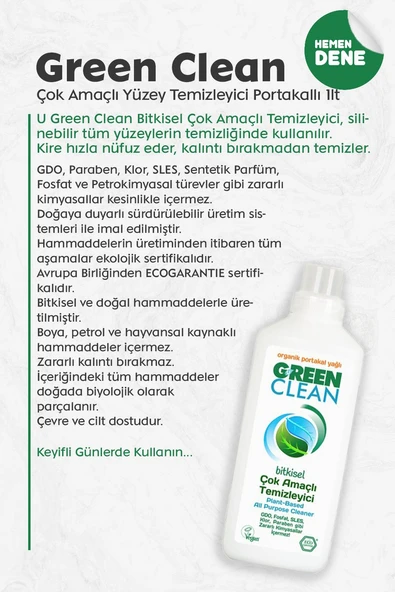 U Green Clean Çok Amaçlı Yüzey Temizleyici Portakallı 1 Litre - Resim 2