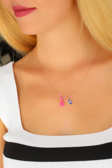 Nazar Boncuklu Pembe Renk Taşlı Rose Bayan Kolye - TJ-BKO4372 - 2
