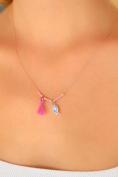 Nazar Boncuklu Pembe Renk Taşlı Rose Bayan Kolye - TJ-BKO4372 - 1