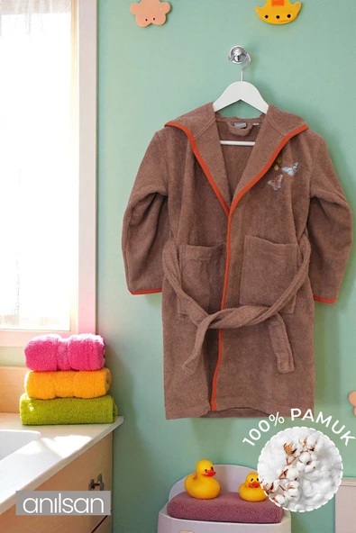 %100 Pamuklu Kahverengi Çocuk Bornozu - 8-10 Yaş - Yumuşak, Nefes Alabilir