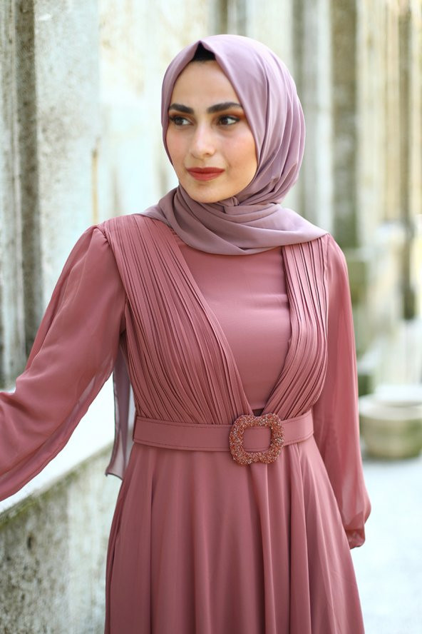 Darapeli Taş Kemerli Tesettür Abiye Elbise - Bakır - 2