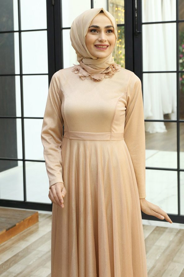 Simli Tesettür Abiye Elbise - Somon - 2