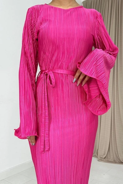 Fuşya İspanyol Kol Piliseli Elbise - Resim 3