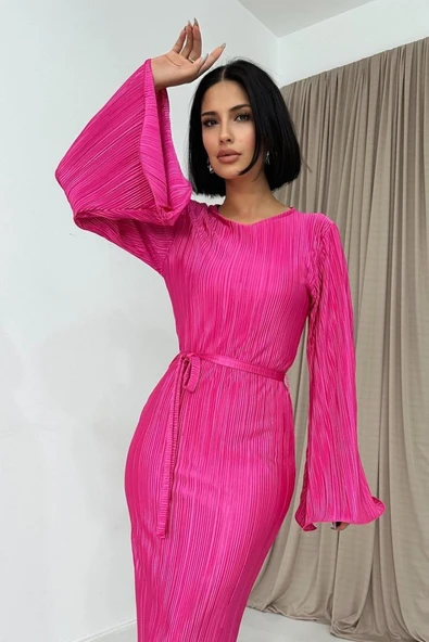 Fuşya İspanyol Kol Piliseli Elbise - Resim 2