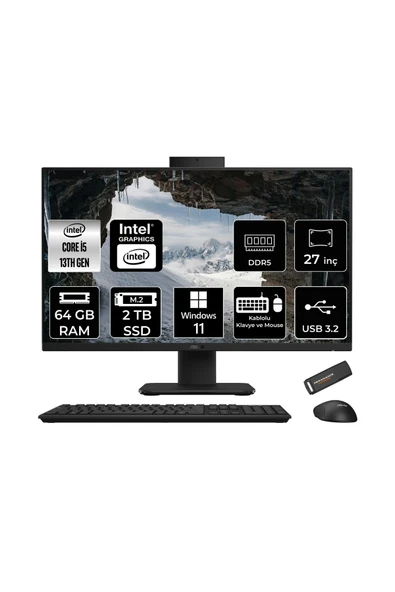 ASUS V470 i5 13420H 64GB 2TB SSD 27" FHD 100Hz W11P All in One Bilgisayar Siyah & PER4 USB Bellek ürün görseli