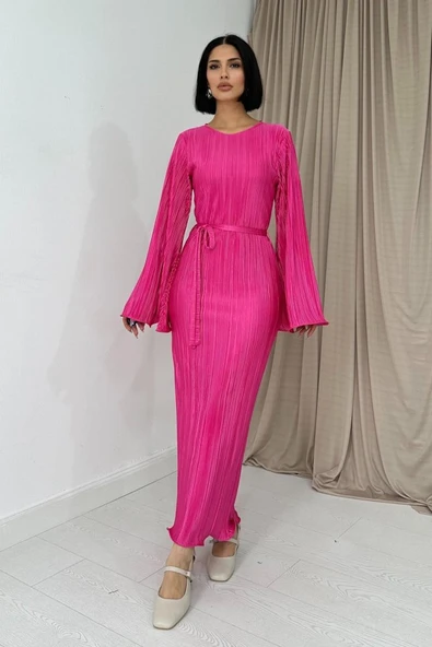 Fuşya İspanyol Kol Piliseli Elbise ürün görseli