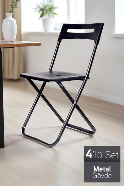 İronika Safran Katlanabilir Metal Gövdeli Sandalye Katlanır Mutfak Bahçe Kamp Sandalyesi Siyah 4 Adet ürün görseli 1