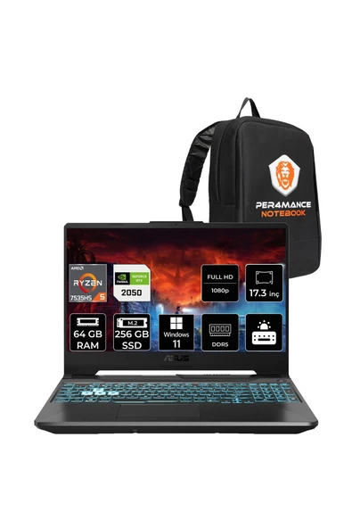 ASUS TUF Gaming A15 R5-7535HS 64GB 256GB SSD RTX2050/4GB 144Hz 15.6" FHD W11P FA506NF & PER4 ÇANTA ürün görseli