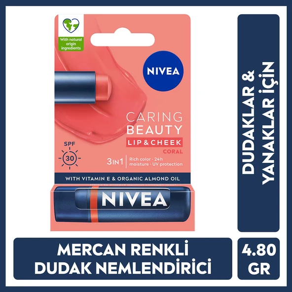 NIVEA, Renkli, spf30, Nemlendirici, Dudak ve Yanak, Bakım Kremi -  Mercan (4.8 gr)