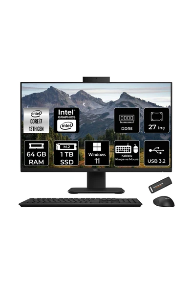 ASUS V470 i7 13620H 64GB 1TB SSD 27" FHD 100Hz W11H All in One Bilgisayar Siyah & PER4 USB Bellek ürün görseli