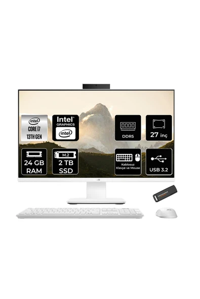 ASUS V470 i7 13620H 24GB 2TB SSD 27" FHD 100Hz FDOS All in One Bilgisayar Beyaz & PER4 USB Bellek ürün görseli