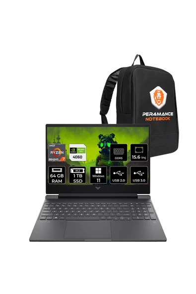 HP Victus 15 R7 8845HS 64GB DDR5 1TB SSD RTX4060/8GB 15.6'' 144Hz W11P Gaming Laptop & PER4 ÇANTA ürün görseli