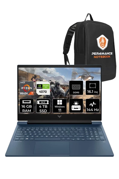 HP Victus 16 R7 8840H 16GB RAM 4TB SSD RTX4070/8GB 144Hz 16.1'' FHD W11P Gaming Laptop & PER4 ÇANTA ürün görseli 1