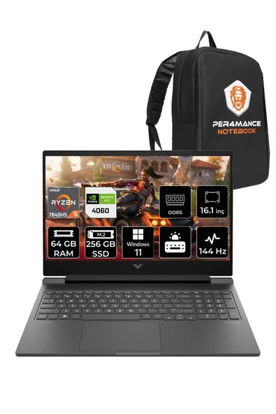 HP Victus 16 R5 7640HS 64GB RAM 256GB SSD RTX4060/8GB 144Hz 16.1'' FHD W11P Gaming Laptop & PER4 ürün görseli 1