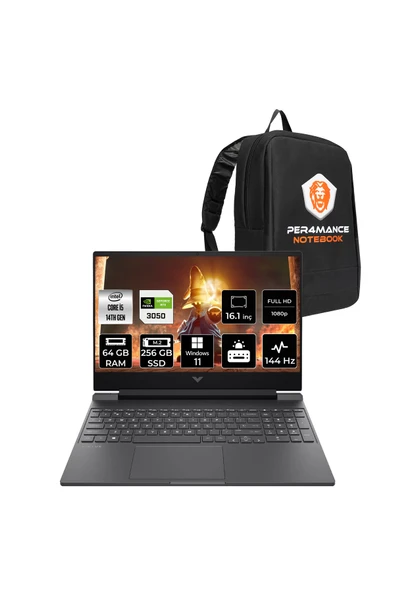 HP Victus 16 i5 14450HX 64GB 256GB SSD RTX4050/6GB 16.1" FHD 144Hz W11H Gaming Laptop & PER4 Çanta ürün görseli 1