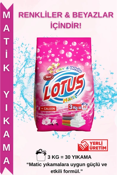 LOTUSMATİC 3 kg Toz Çamaşır Deterjanı – Beyazlar & Renkliler İçin Derin Temizlik ve Canlılık