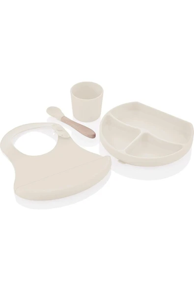 Babyjem Silikon Beslenme Seti Ekru - Silikon Önlük & Tabak & Bardak & Kaşık - Bpa Free ürün görseli 1