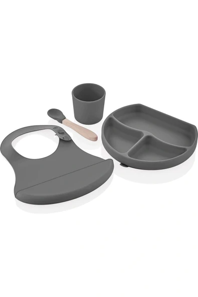Babyjem Silikon Beslenme Seti Gri - Bpa Içermeyen Silikon Önlük & Tabak & Bardak & Kaşık ürün görseli 1