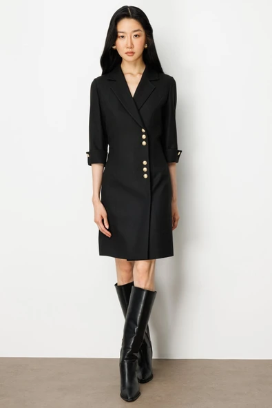 Kruvaze Yaka Düğmeli Elbise Ekol - Resim 2