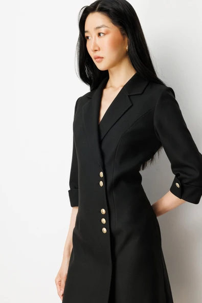 Kruvaze Yaka Düğmeli Elbise Ekol - Resim 3