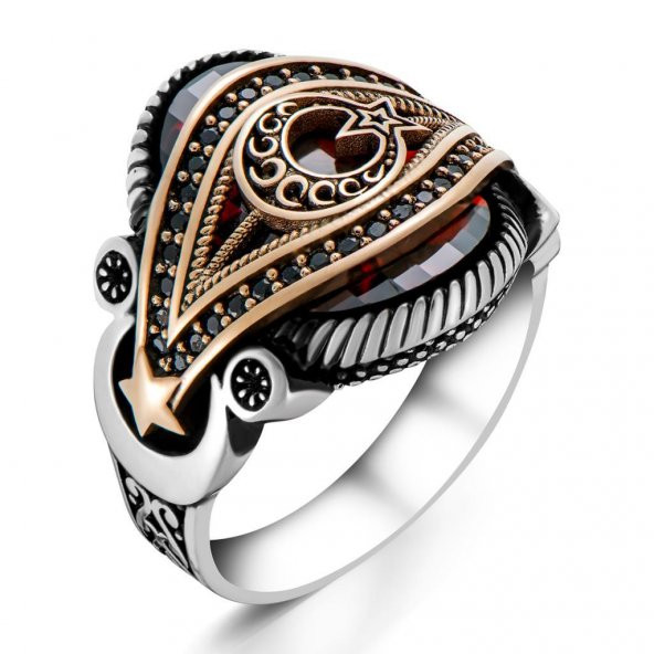 Ay Yıldız Tasarımlı Kırmızı Zirkon Taşlı 925 Ayar Gümüş Yüzük - Resim 3