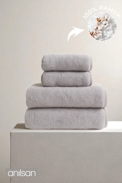 4'lü Gri Havlu Set %100 Pamuk - 2 Adet El Havlusu 50x90 ve 2 Adet Banyo Havlusu 70x140 ürün görseli 1