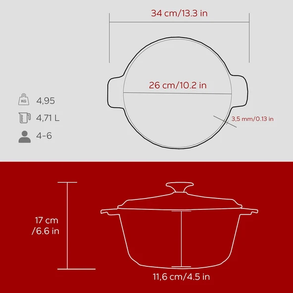Lava Döküm Yuvarlak Güvec Tencere Döküm Demir Yekpare Kulplu. Çap(Ø)26cm.-Bordo - Resim 5