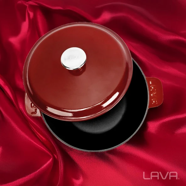 Lava Döküm Yuvarlak Güvec Tencere Döküm Demir Yekpare Kulplu. Çap(Ø)26cm.-Bordo - Resim 7