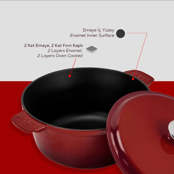 Lava Döküm Yuvarlak Güvec Tencere Döküm Demir Yekpare Kulplu. Çap(Ø)26cm.-Bordo - Resim 6